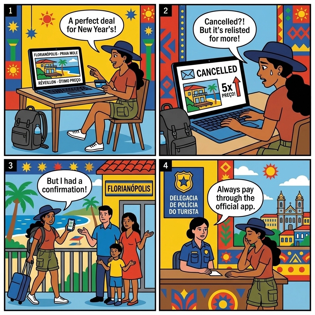 Florianópolis Aluguel Temporada / Airbnb High-Season Cancel-and-Relist Fraud — comic illustration