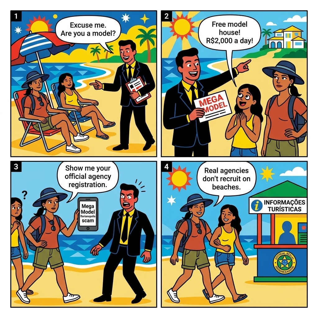 Florianópolis 'Mega Model' Beach-Recruit Scam at Praia Mole / Jurerê — comic illustration