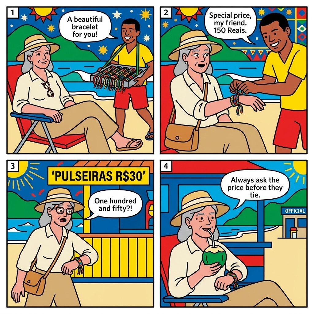 Florianópolis Beach Vendor & 'VIP Beach Club' Upcharge at Praia Mole / Jurerê — comic illustration