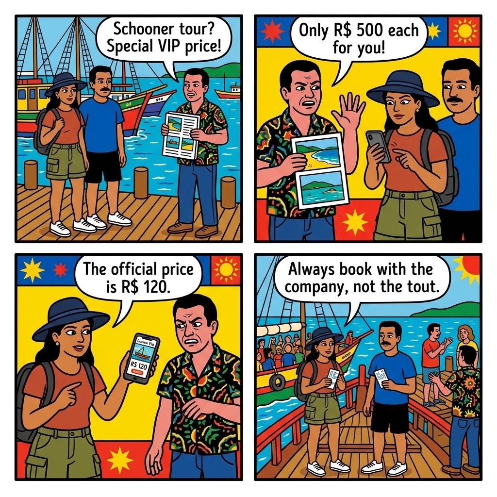 Florianópolis North-Island Schooner Tour & 'Ilha do Campeche' Boat-Operator Scam — comic illustration