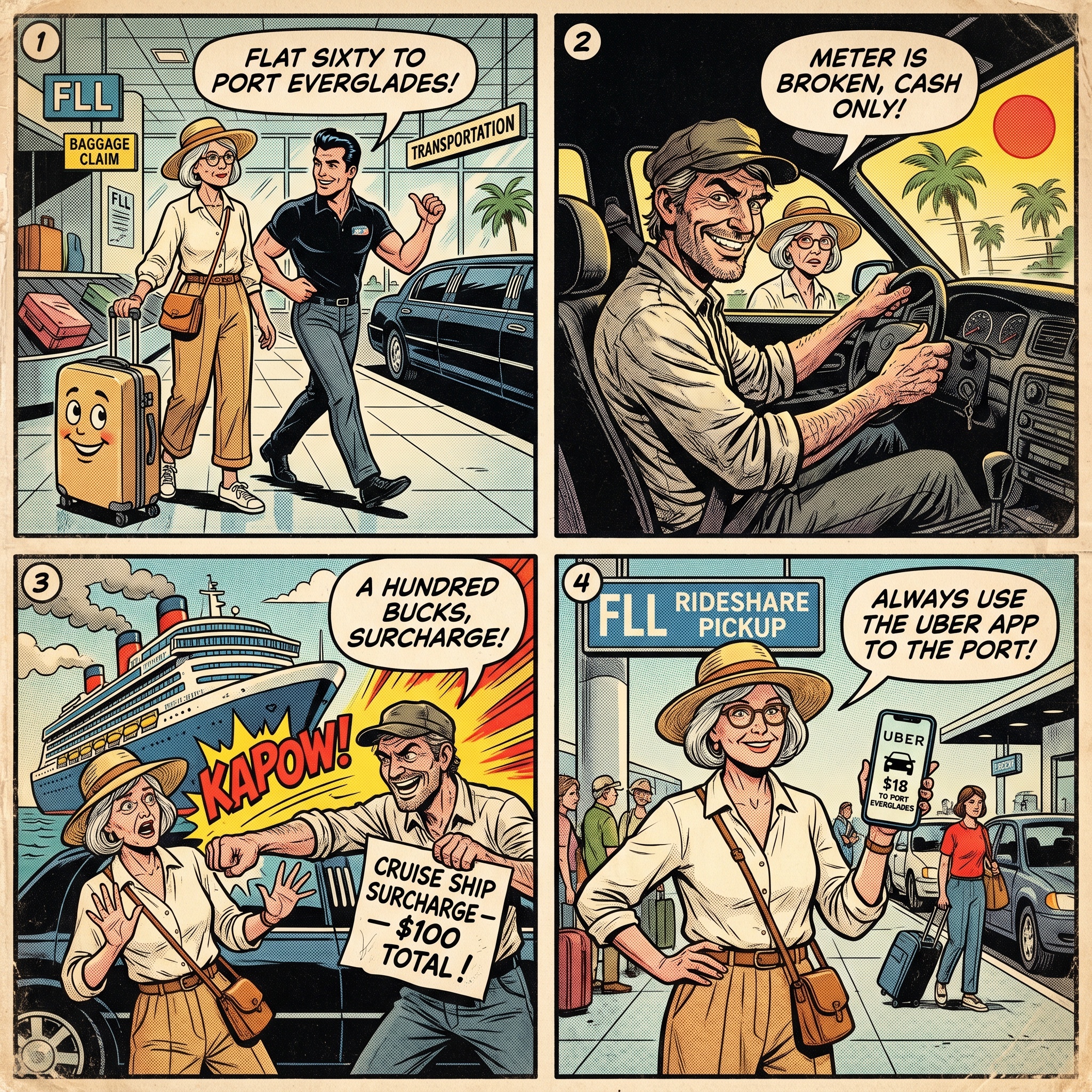 Fort Lauderdale Airport & Port Everglades Cruise Taxi Overcharge — comic illustration