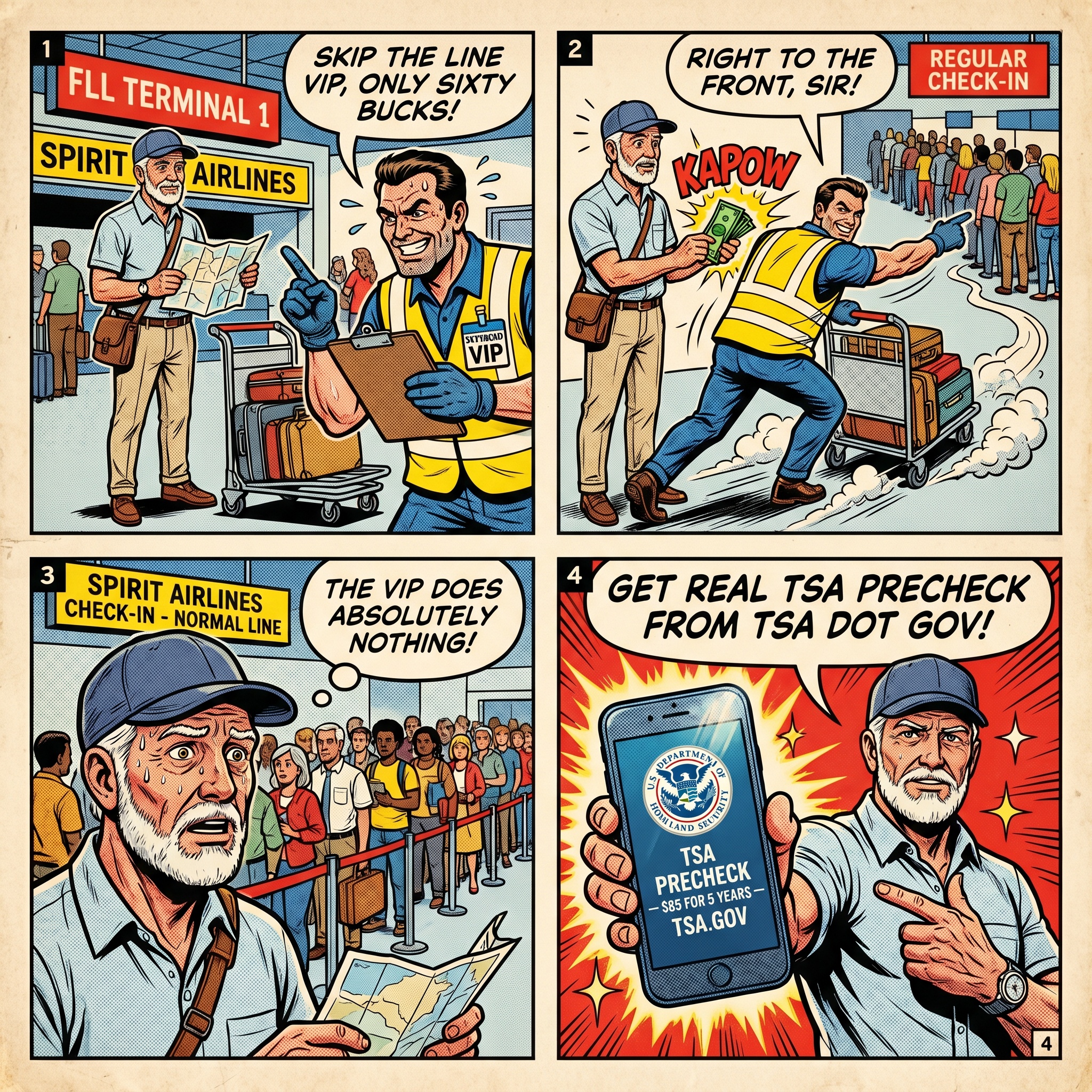 FLL Airport 'Skysquad' / 'VIP Assistance' & Baggage Bait-Switch Scam — comic illustration