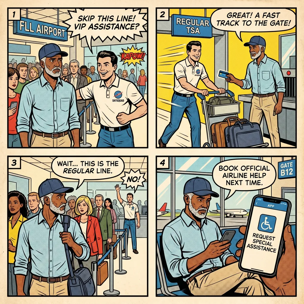 FLL Airport 'Skysquad' / 'VIP Assistance' & Baggage Bait-Switch Scam — comic illustration