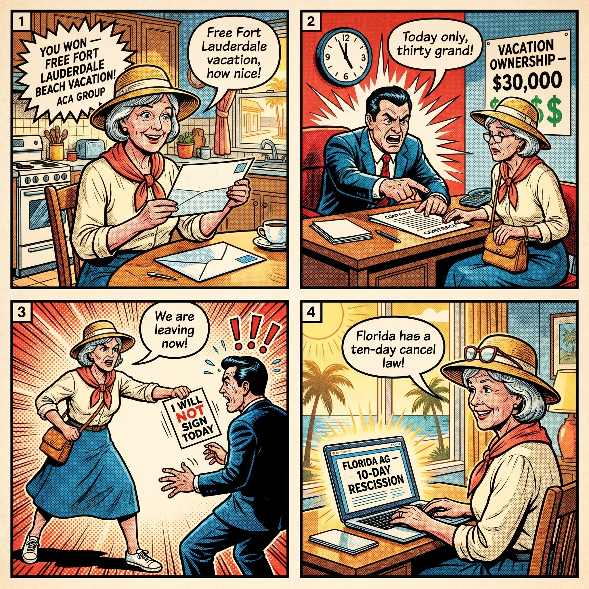 ACA Group Timeshare Fort Lauderdale & 'Won a Vacation' Presentation Hu — comic illustration