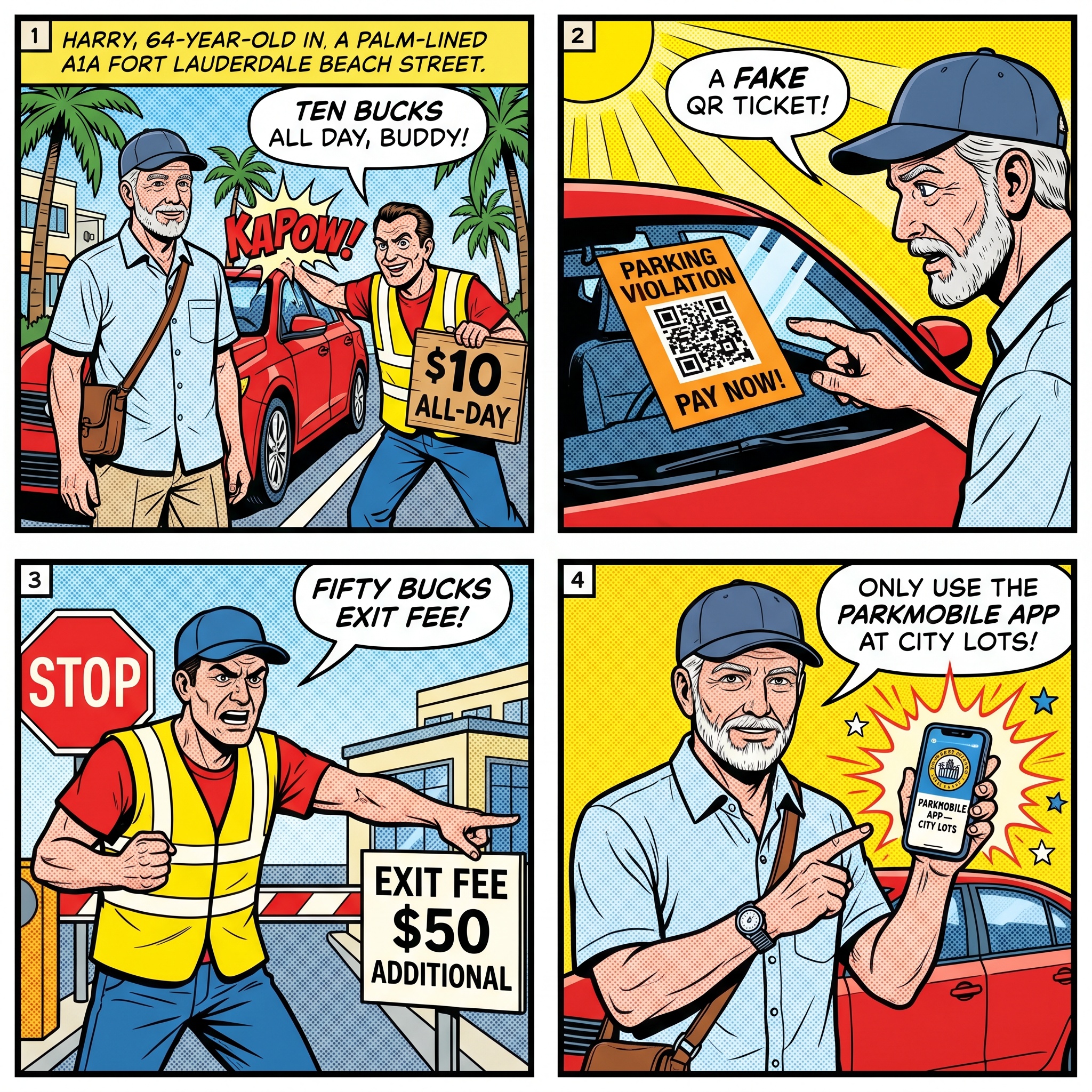 Fort Lauderdale Beach Parking Tickets & 'Parking Services' Overcharge — comic illustration