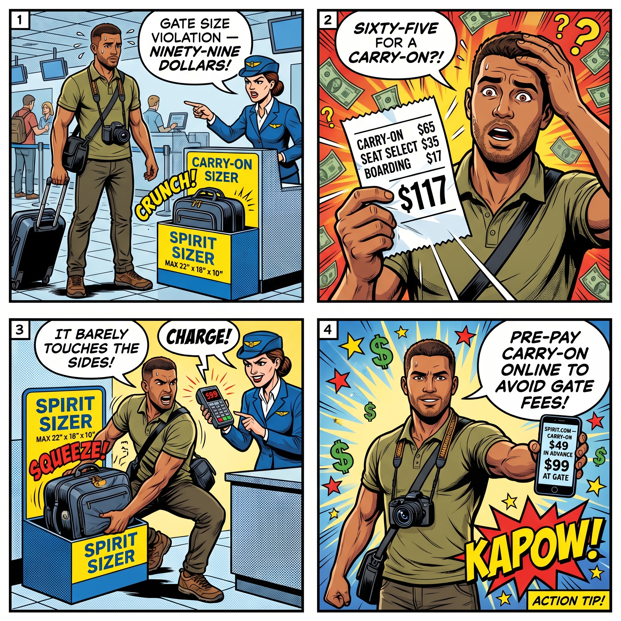 FLL Spirit Airlines 'Carry-On Fee' & Baggage Upsell Scam — comic illustration