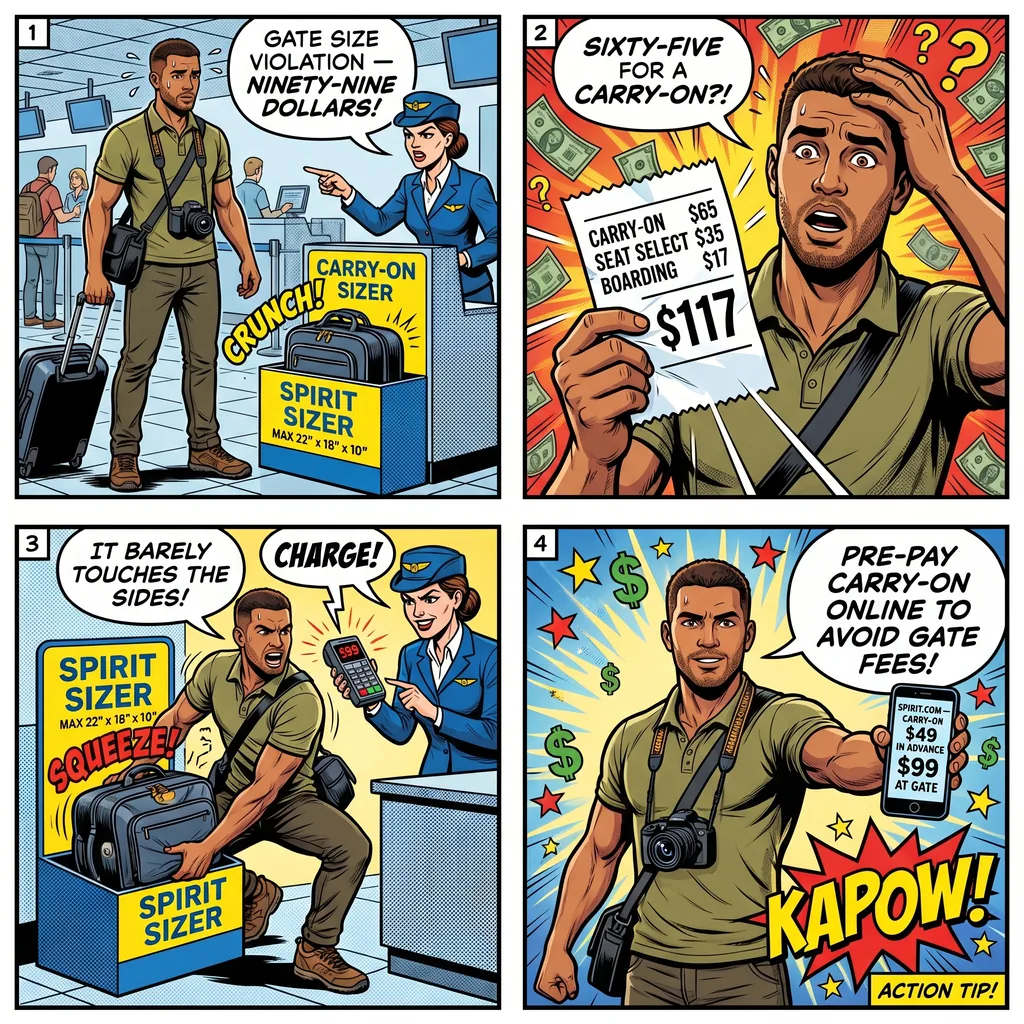 FLL Spirit Airlines 'Carry-On Fee' & Baggage Upsell Scam — comic illustration