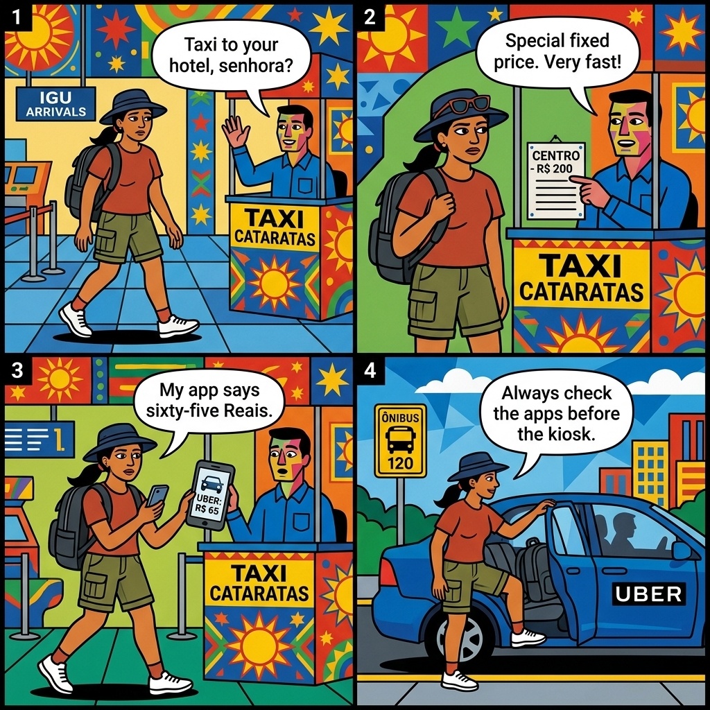 Foz do Iguaçu (IGU) Airport Taxi & Late-Night Transfer Overcharge — comic illustration