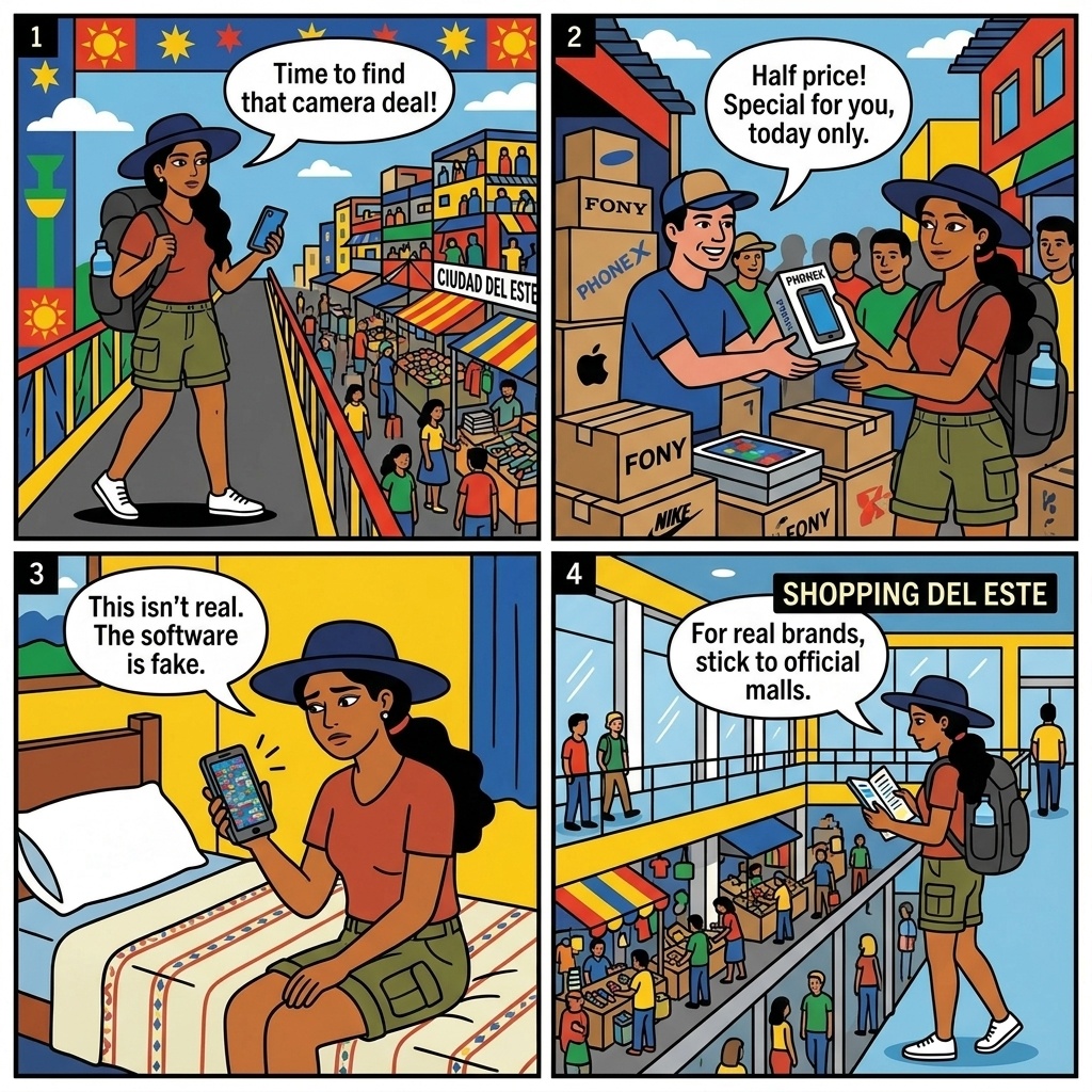 Ciudad del Este Day-Trip Pickpocket & Counterfeit Goods Risk — comic illustration