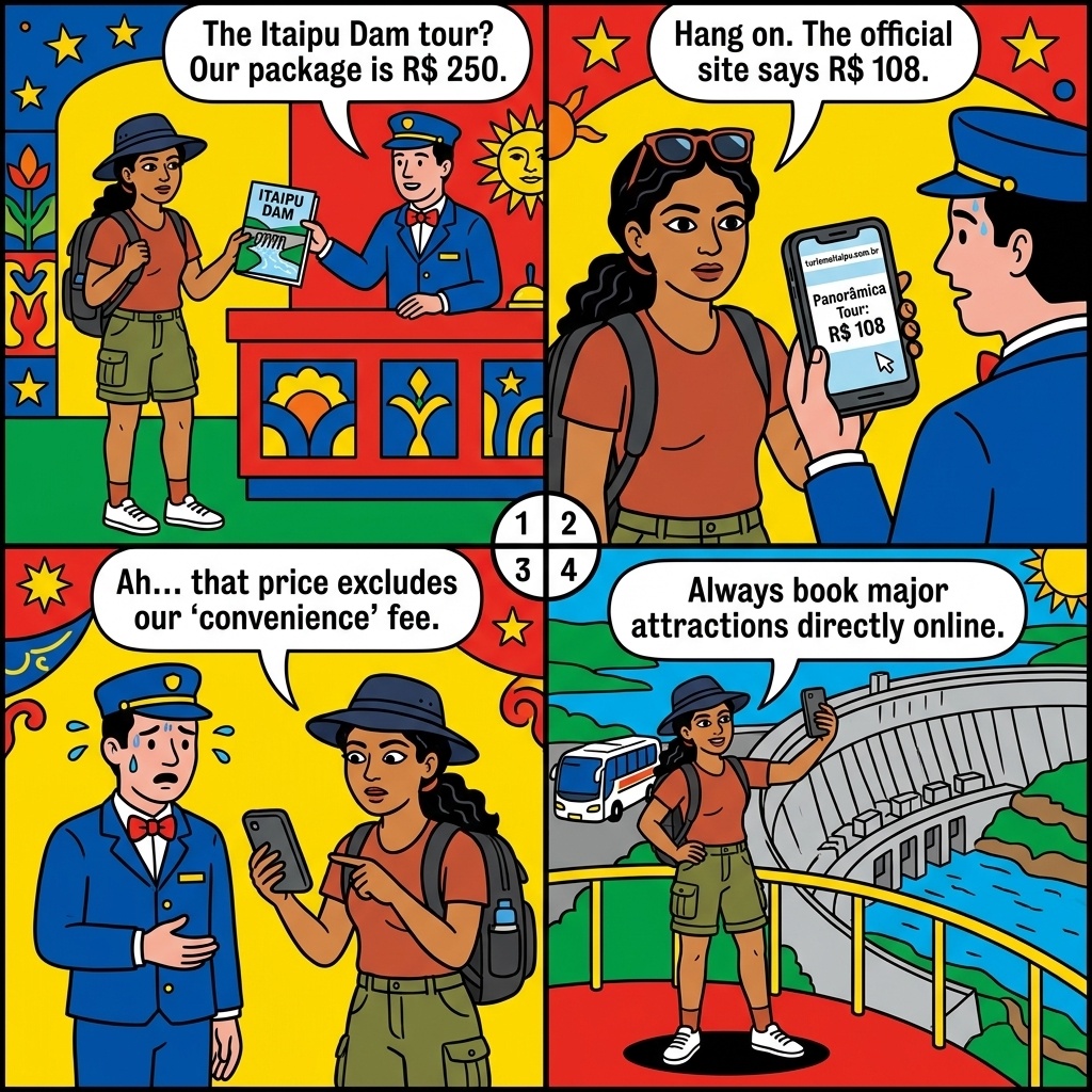 Itaipu Dam Tour Booking Fraud & Commission-Markup Hotel Packages — comic illustration