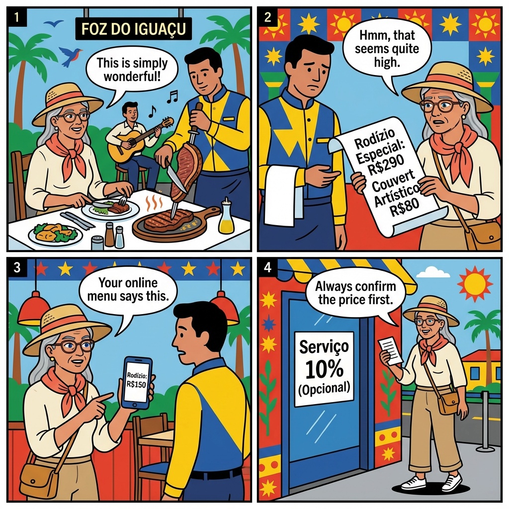 Foz Restaurant Couvert + Serviço Padding & 'Churrascaria Rodízio' Overcharge — comic illustration