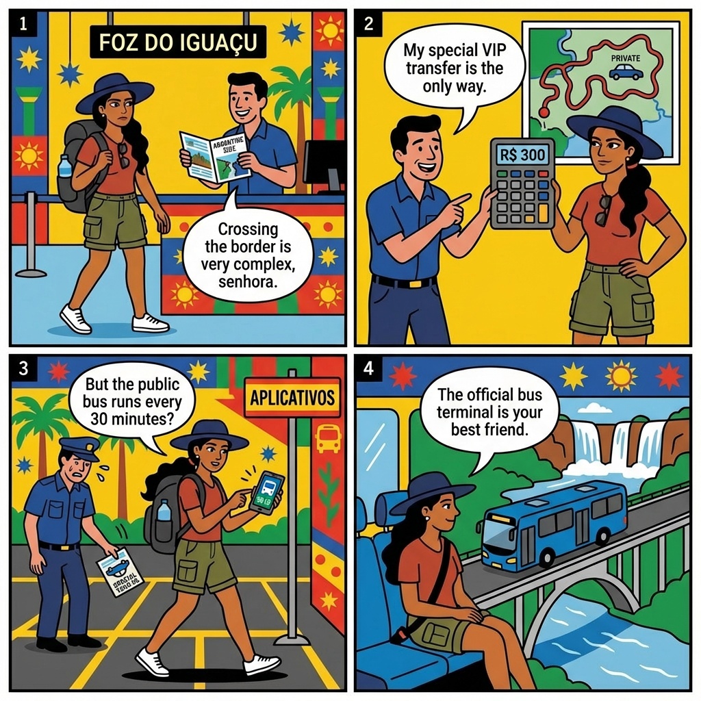 Argentine-Side Crossing & Puerto Iguazú Border-Transfer Confusion — comic illustration