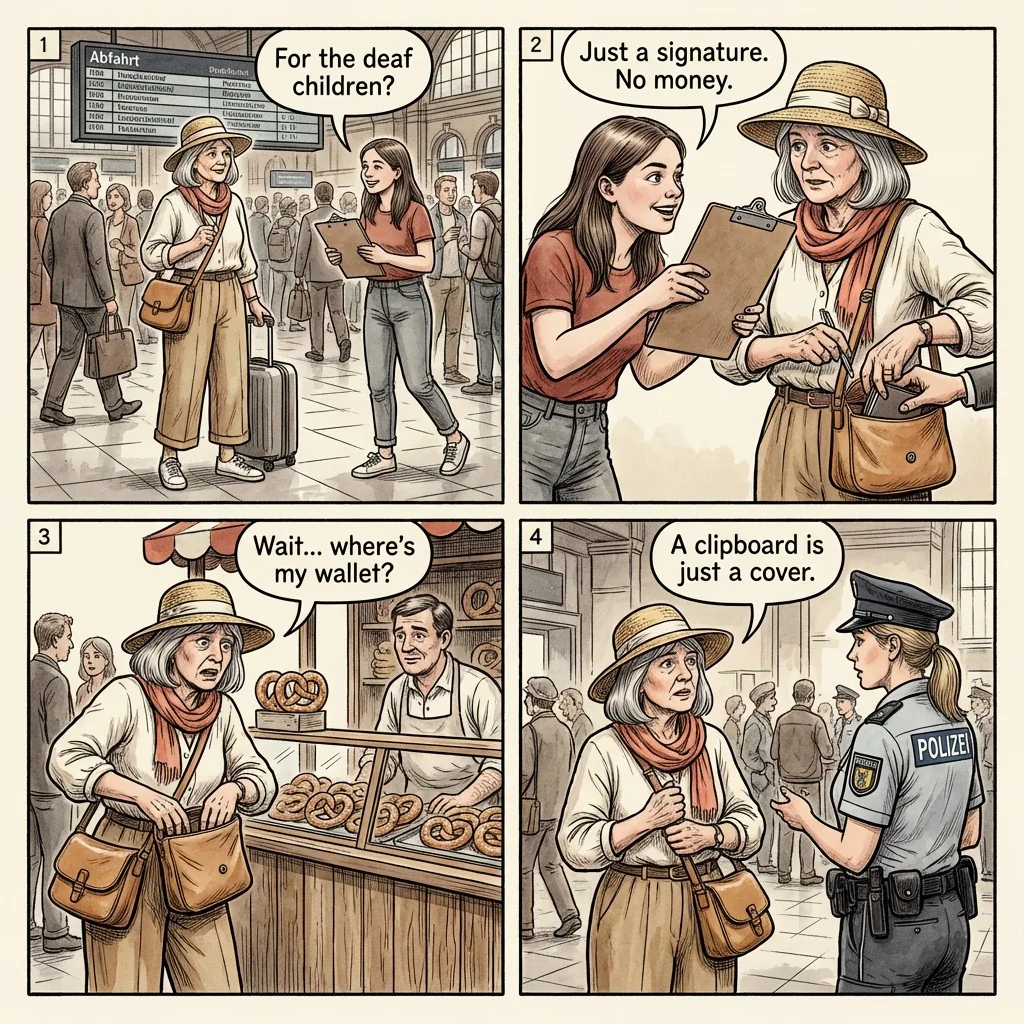Frankfurt Hauptbahnhof Pickpocket Team & Approach Scams — comic illustration