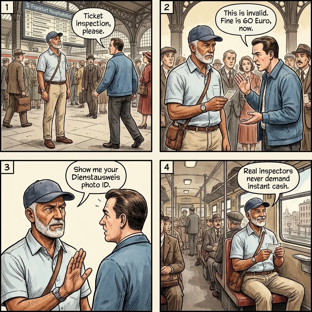 Fake DB Ticket Inspector & 'Train Ticket' Cash Scam — comic illustration