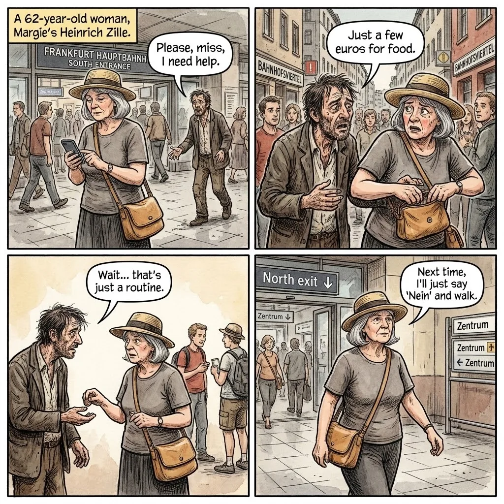 Frankfurt Bahnhofsviertel Drug-Area Targeting & Aggressive Solicitatio — comic illustration