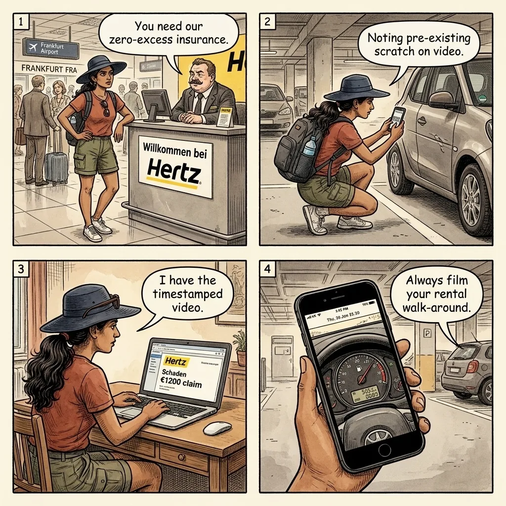 FRA Airport Hertz Rental Car Damage Claim Scam — comic illustration