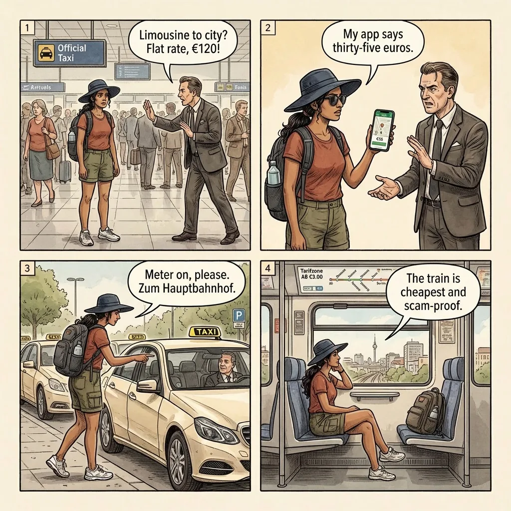 Frankfurt Taxi Long-Route Overcharge & Airport Transfer Tout — comic illustration