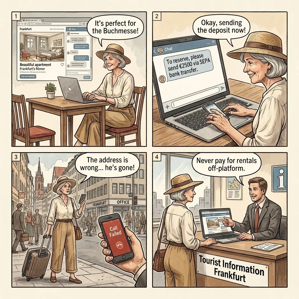 Frankfurt Apartment Rental & Booking Fraud — comic illustration