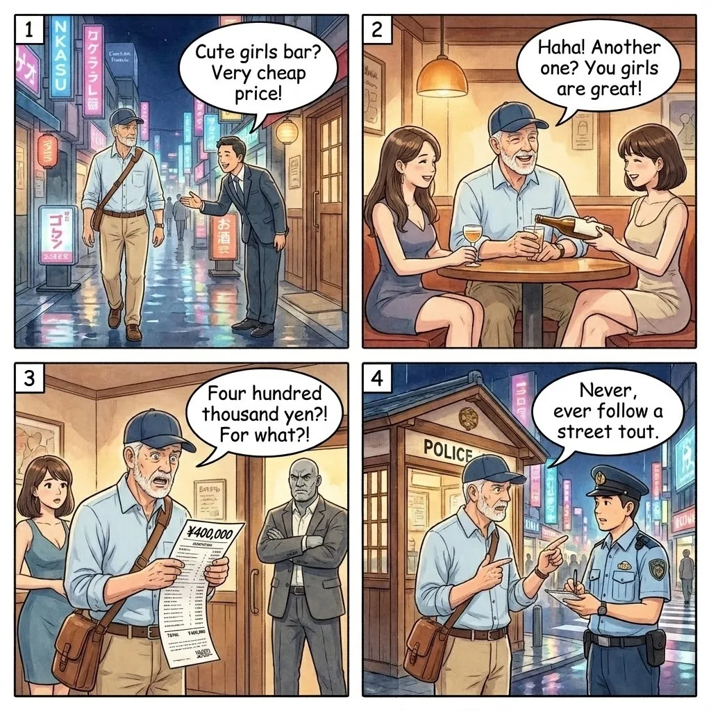 The Nakasu Girls Bar ¥100,000-¥1,000,000 Overcharge — comic illustration