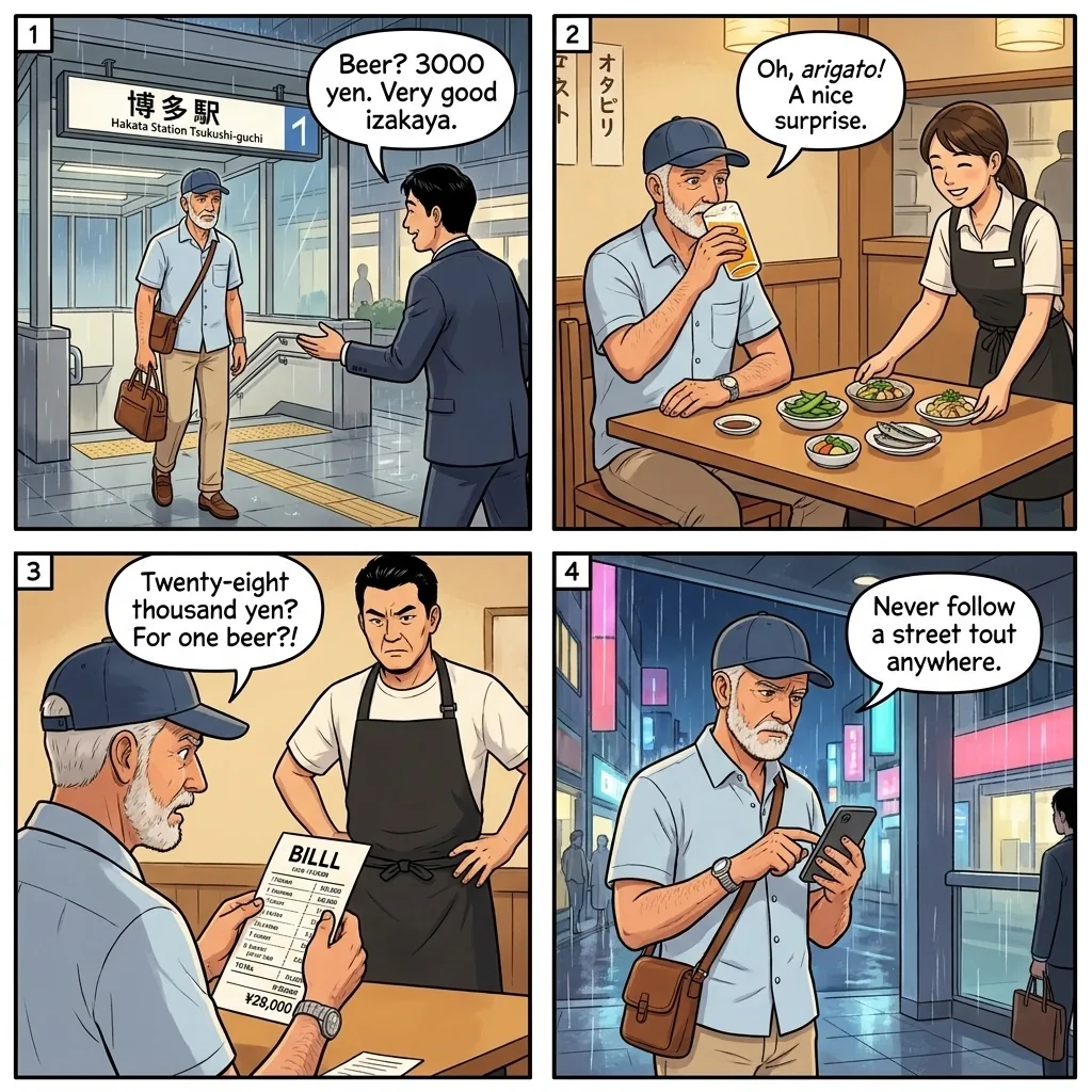 The Hakata Station Tsukushi-guchi Tout Shakedown — comic illustration