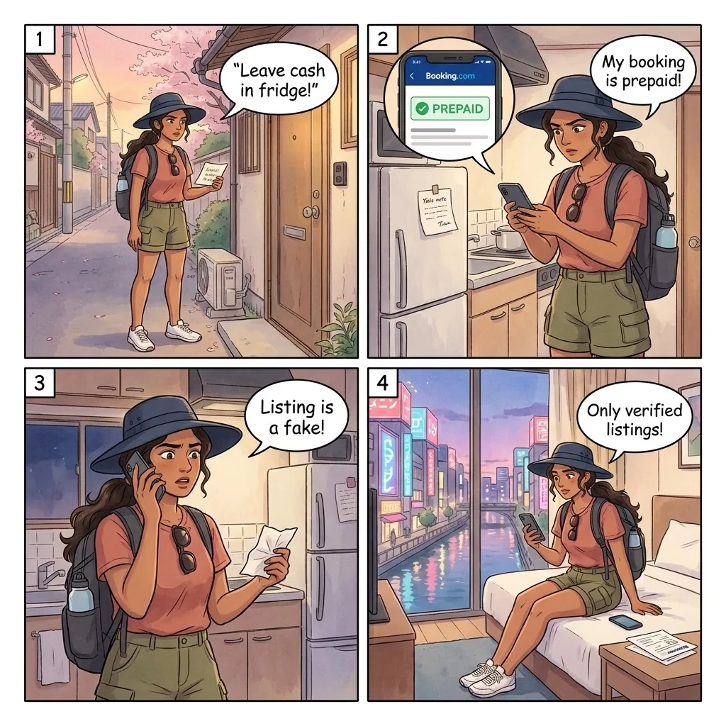The Off-Platform Booking.com Hakata 'Cash in the Fridge' Scam — comic illustration