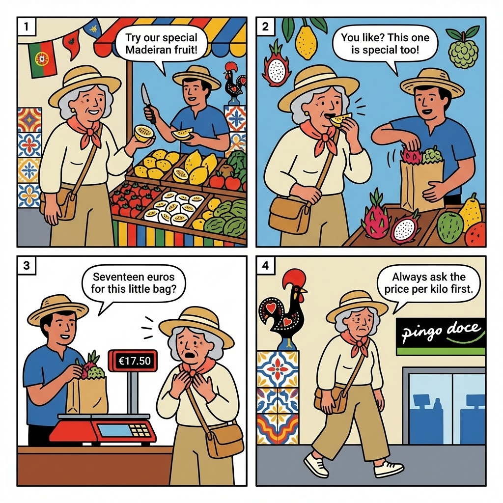 Mercado dos Lavradores Fruit Vendor Overcharge — €17 for a Few Pieces — comic illustration