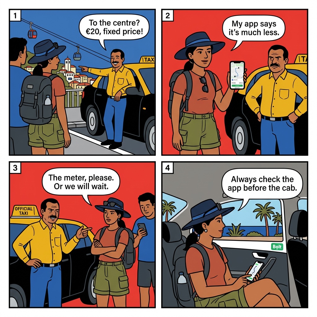 Funchal Taxi Overcharge — €20 for a €13 Bolt Trip — comic illustration