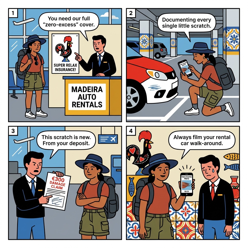 Funchal Airport (FNC) Rental Car Damage-Claim & Deposit Fraud — comic illustration