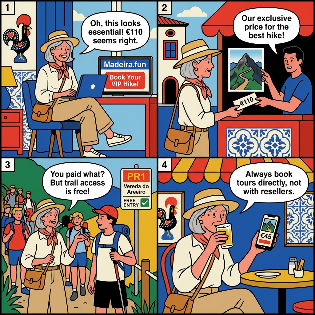 Levada Hiking Tour Reseller Markup & 'Madeira.fun' Scam Flag — comic illustration