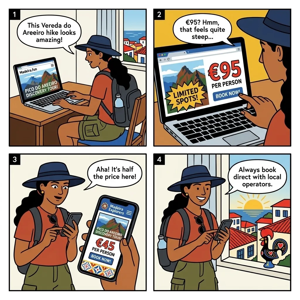 Levada Hiking Tour Reseller Markup & 'Madeira.fun' Scam Flag — comic illustration