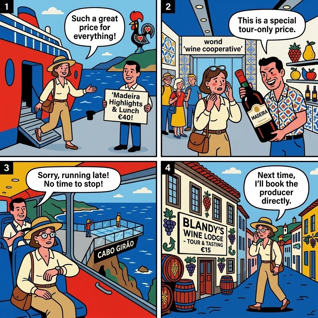 Cruise-Day Excursion Shopping Stop Bundling — comic illustration