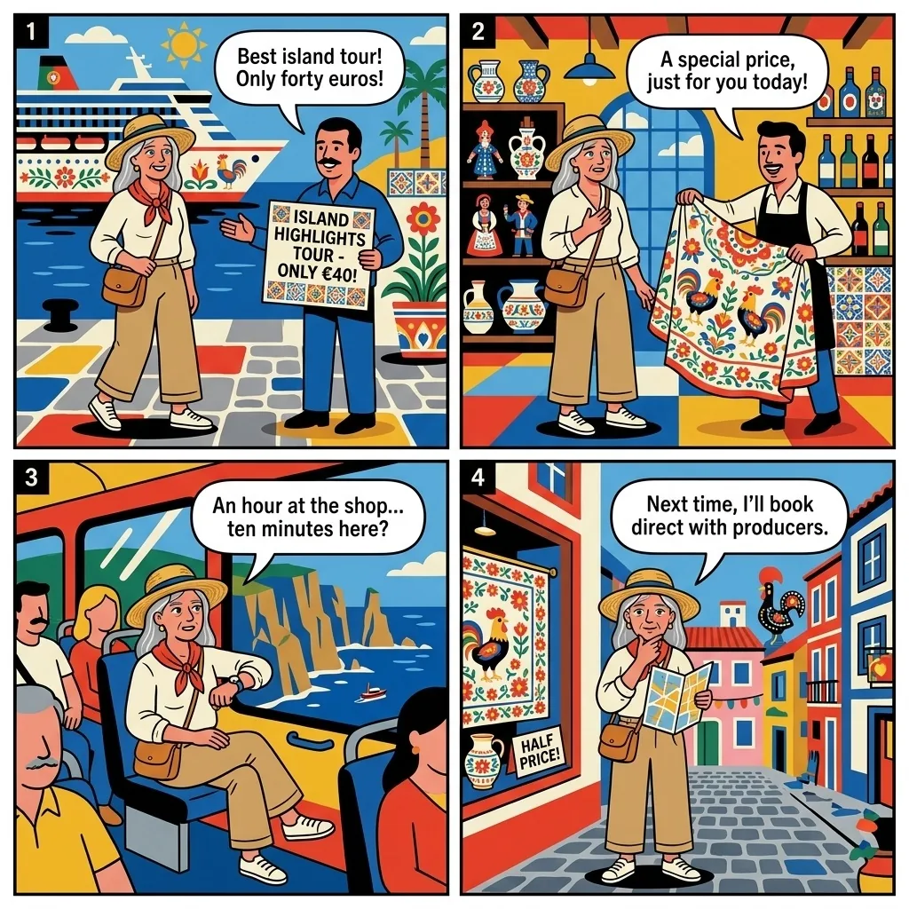 Cruise-Day Excursion Shopping Stop Bundling — comic illustration