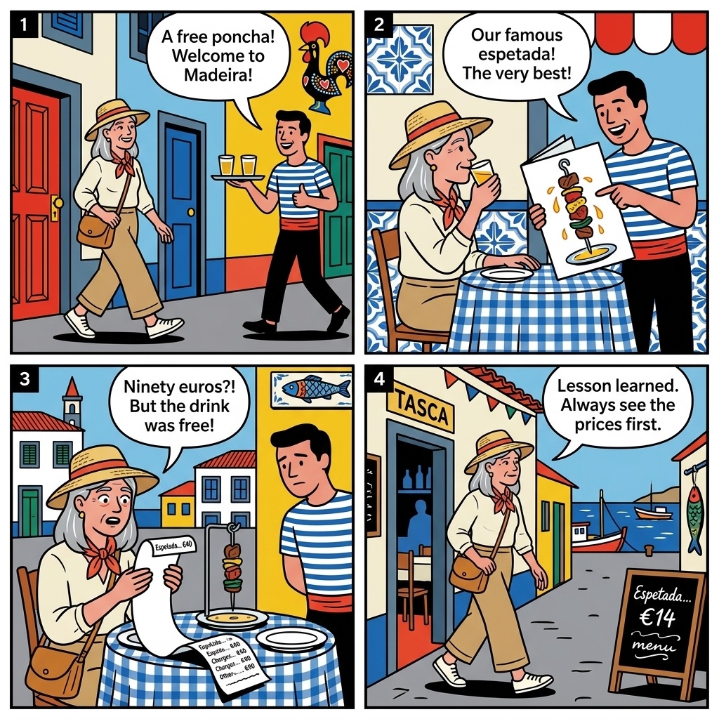 Funchal Old Town Restaurant & 'Free Poncha' Tout Pressure — comic illustration