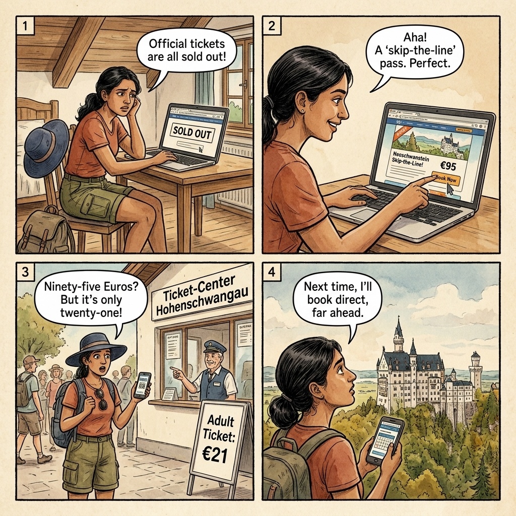 Neuschwanstein Castle Ticket Reseller & 'Skip-the-Line' Scam — comic illustration