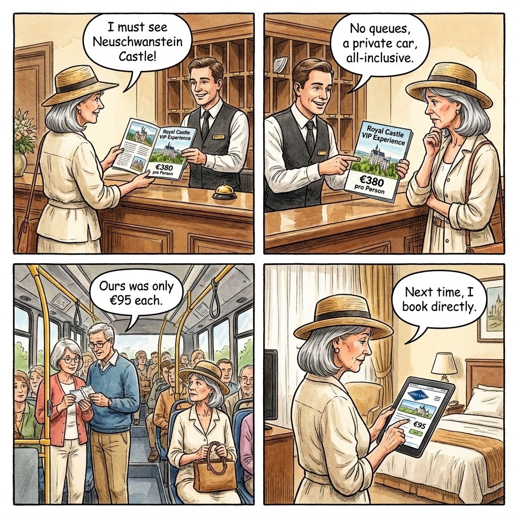 Munich-to-Füssen Day Trip Tour Package Overcharge — comic illustration