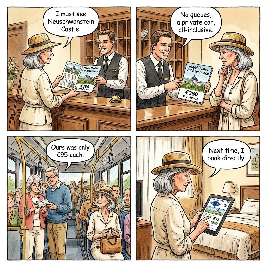 Munich-to-Füssen Day Trip Tour Package Overcharge — comic illustration