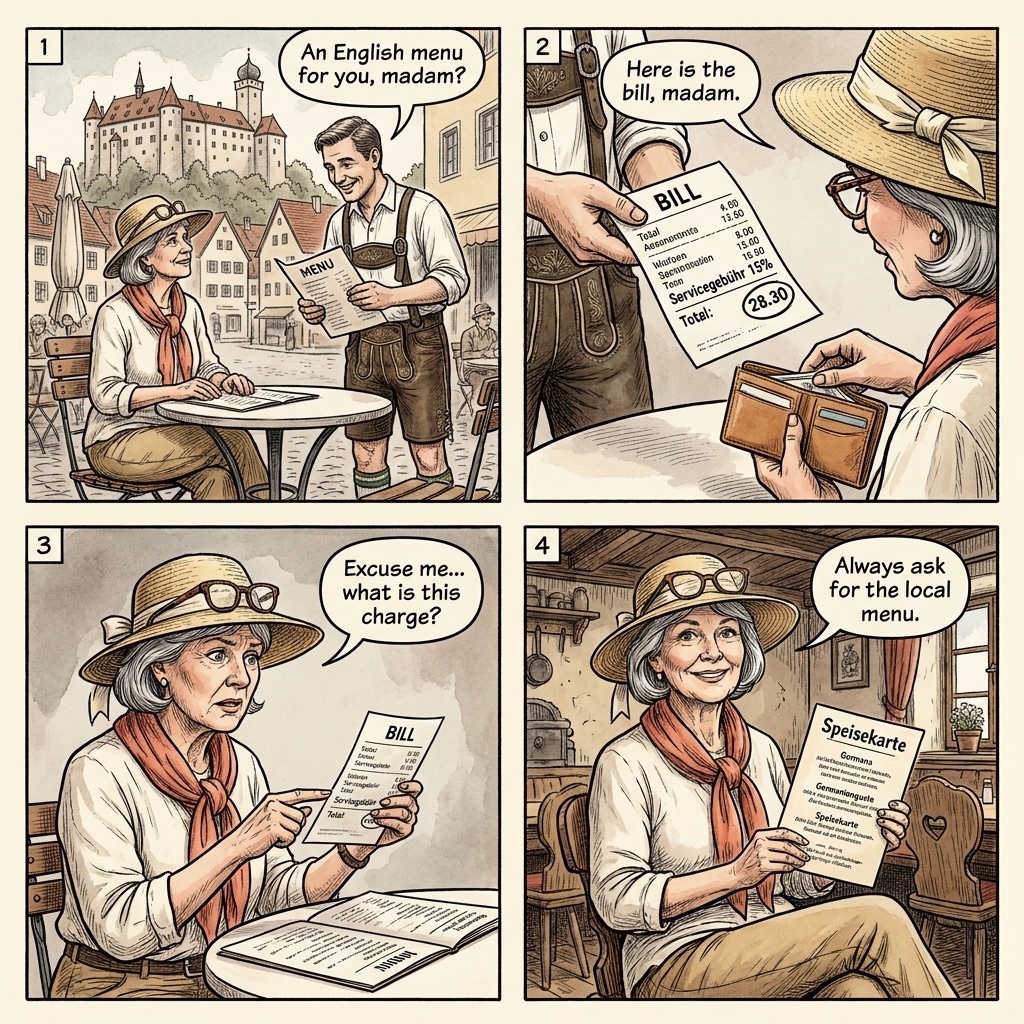 Füssen Altstadt Tourist-Menu Restaurant Overcharge — comic illustration