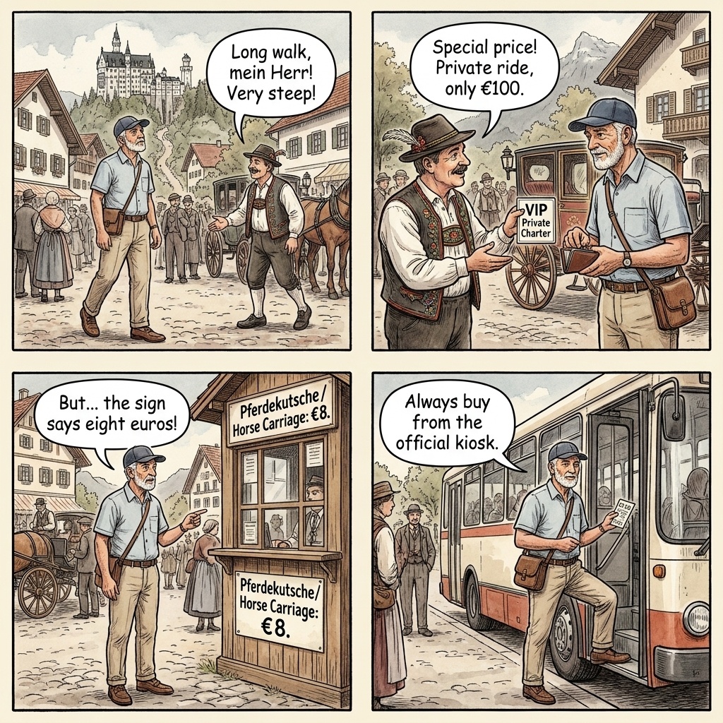 Hohenschwangau Horse Carriage & Shuttle Upsell Scam — comic illustration