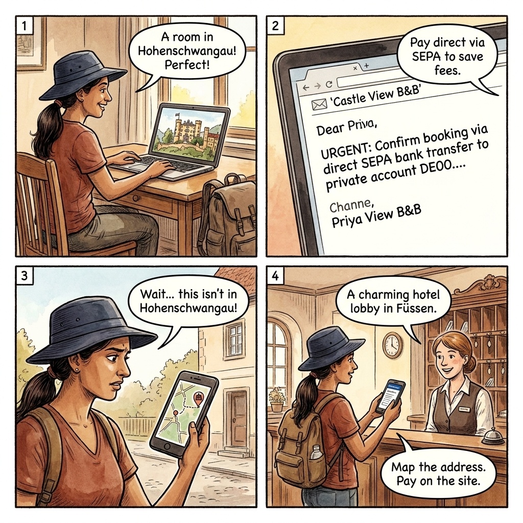 Füssen / Hohenschwangau STR & Castle-Adjacent Accommodation Fraud — comic illustration