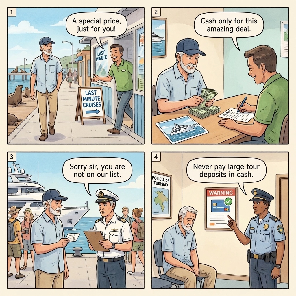 Puerto Ayora Walk-In 'Last-Minute Cruise' Cash-Pivot Fraud — comic illustration