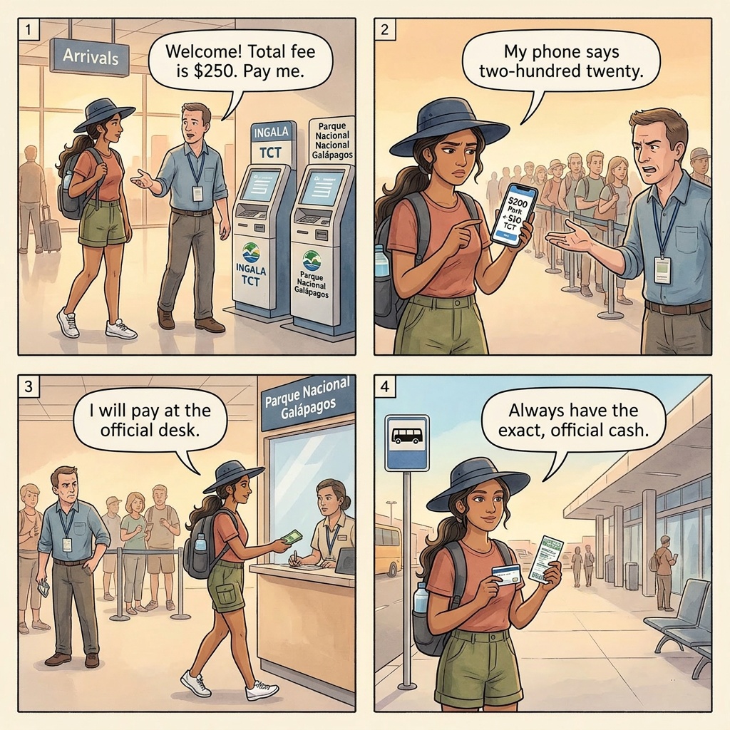 Baltra and San Cristóbal Airport TCT and Park-Fee Cash-Up-Charge Pivot — comic illustration
