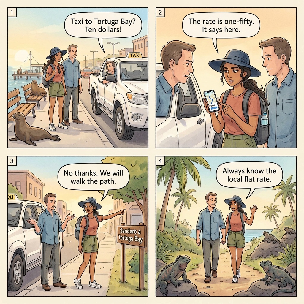 Puerto Ayora Tortuga Bay and Highlands Pickup-Truck Taxi Overcharge — comic illustration