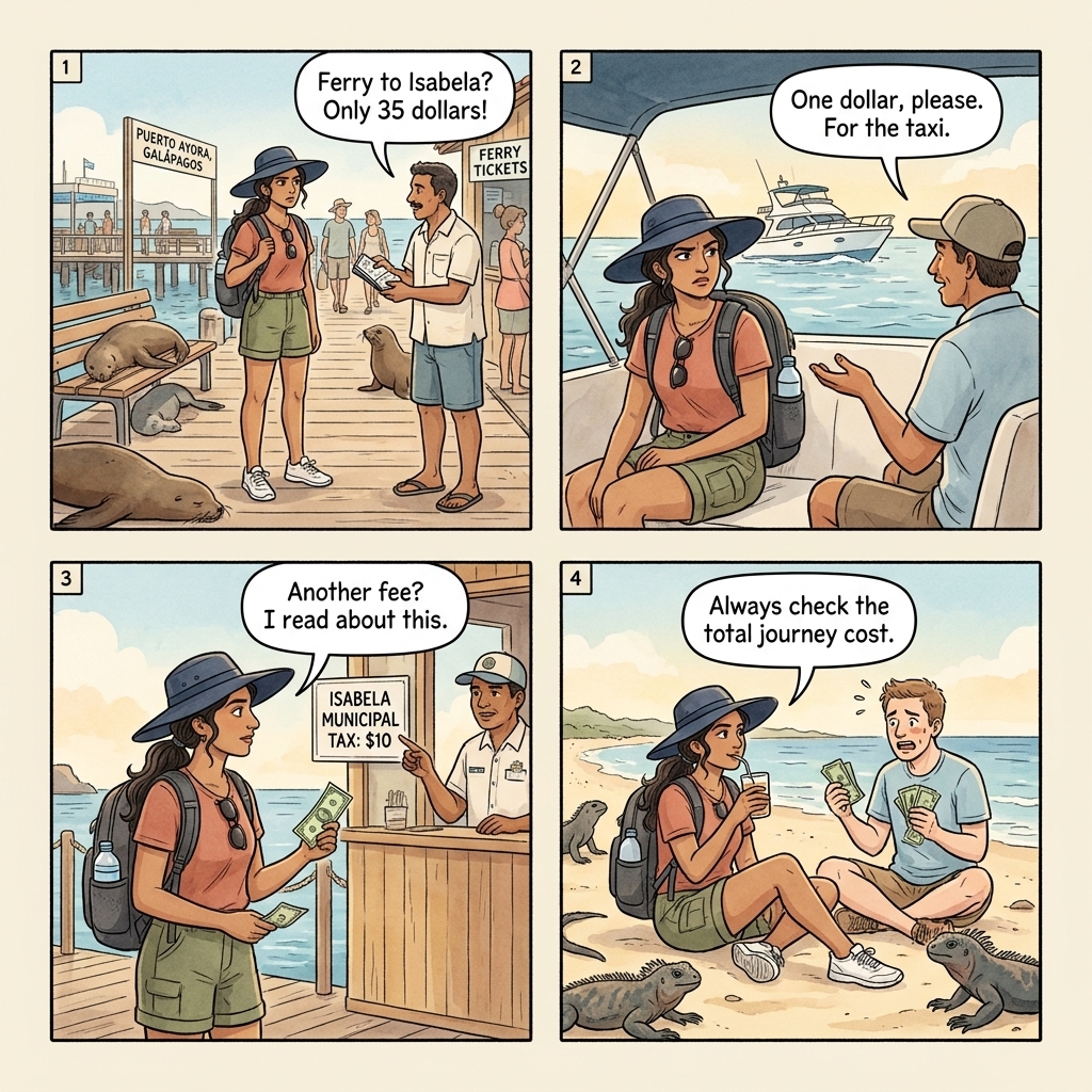 Captive-Audience Operator Inter-Island Ferry and Water-Taxi Fee Stack — comic illustration