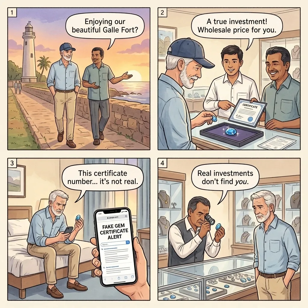 The Galle Fort Gem-Shop Lure — comic illustration