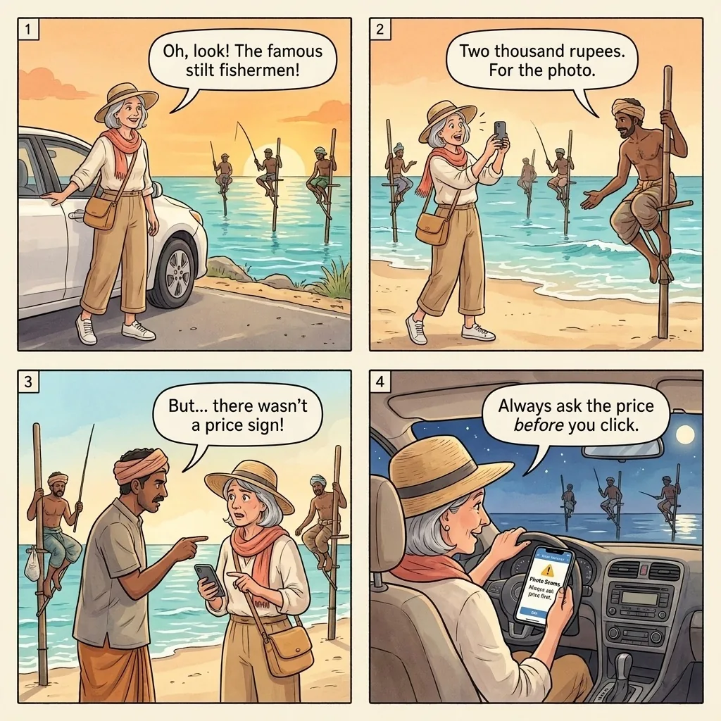 The Koggala Stilt-Fisherman Photo Trap — comic illustration