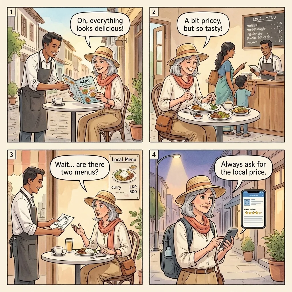 The Galle Fort Restaurant Dual-Menu Pricing — comic illustration