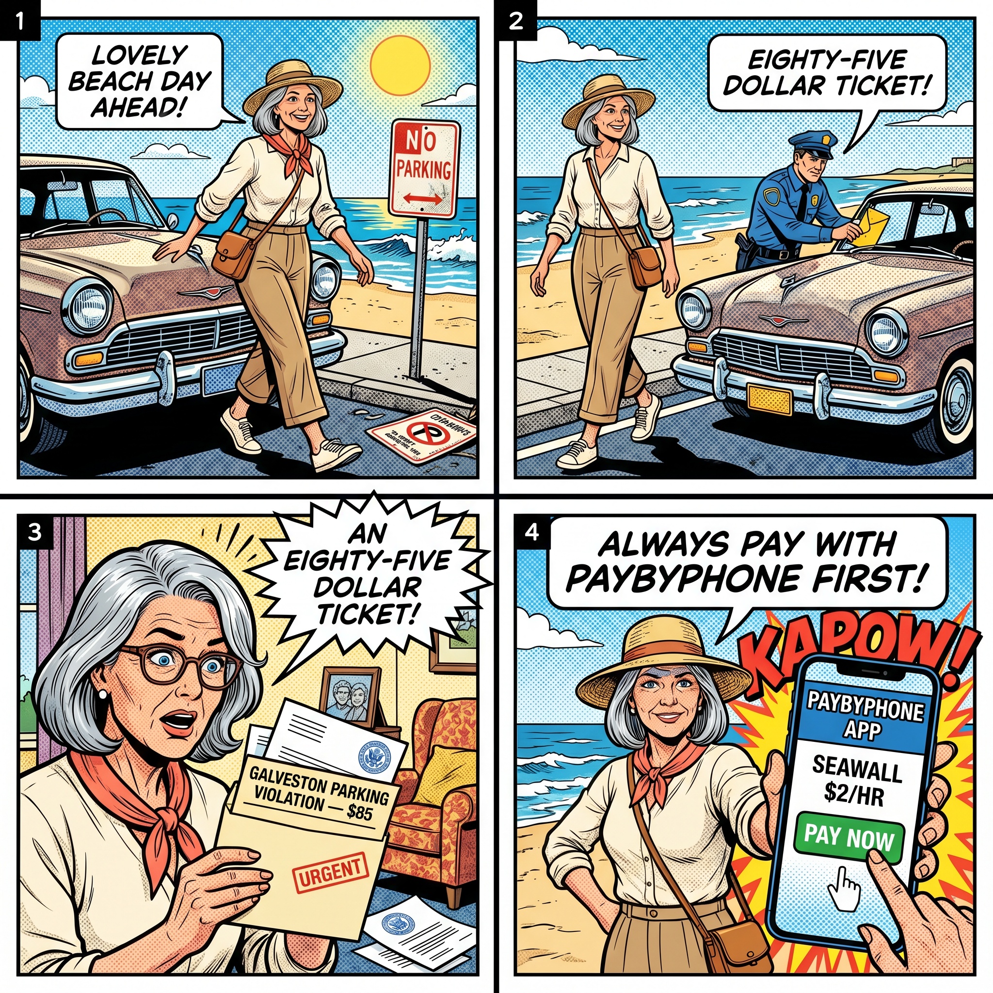 Galveston Seawall Parking Ticket Trap & PayByPhone Confusion — comic illustration