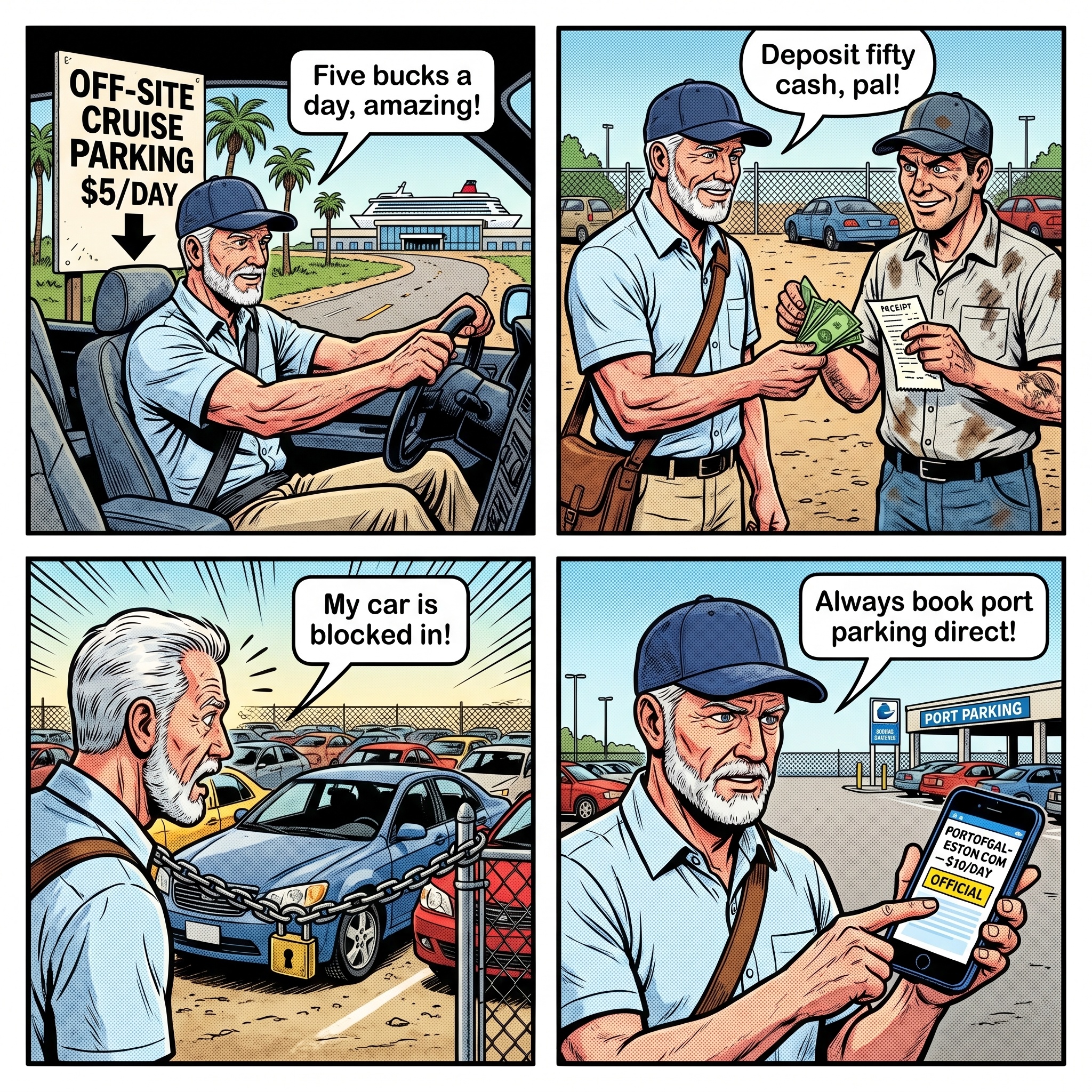 Galveston Cruise Port Off-Site Parking Lot Scam — comic illustration