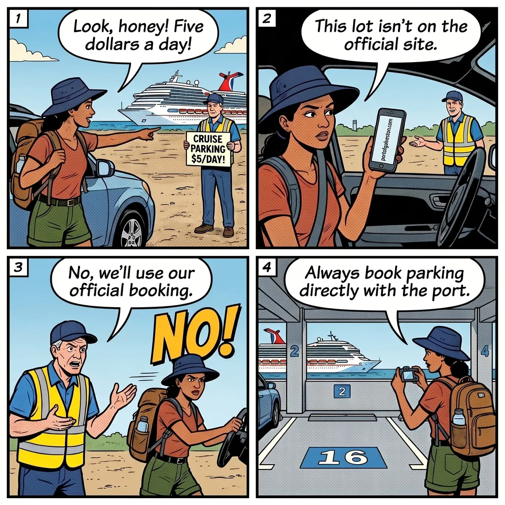 Galveston Cruise Port Off-Site Parking Lot Scam — comic illustration