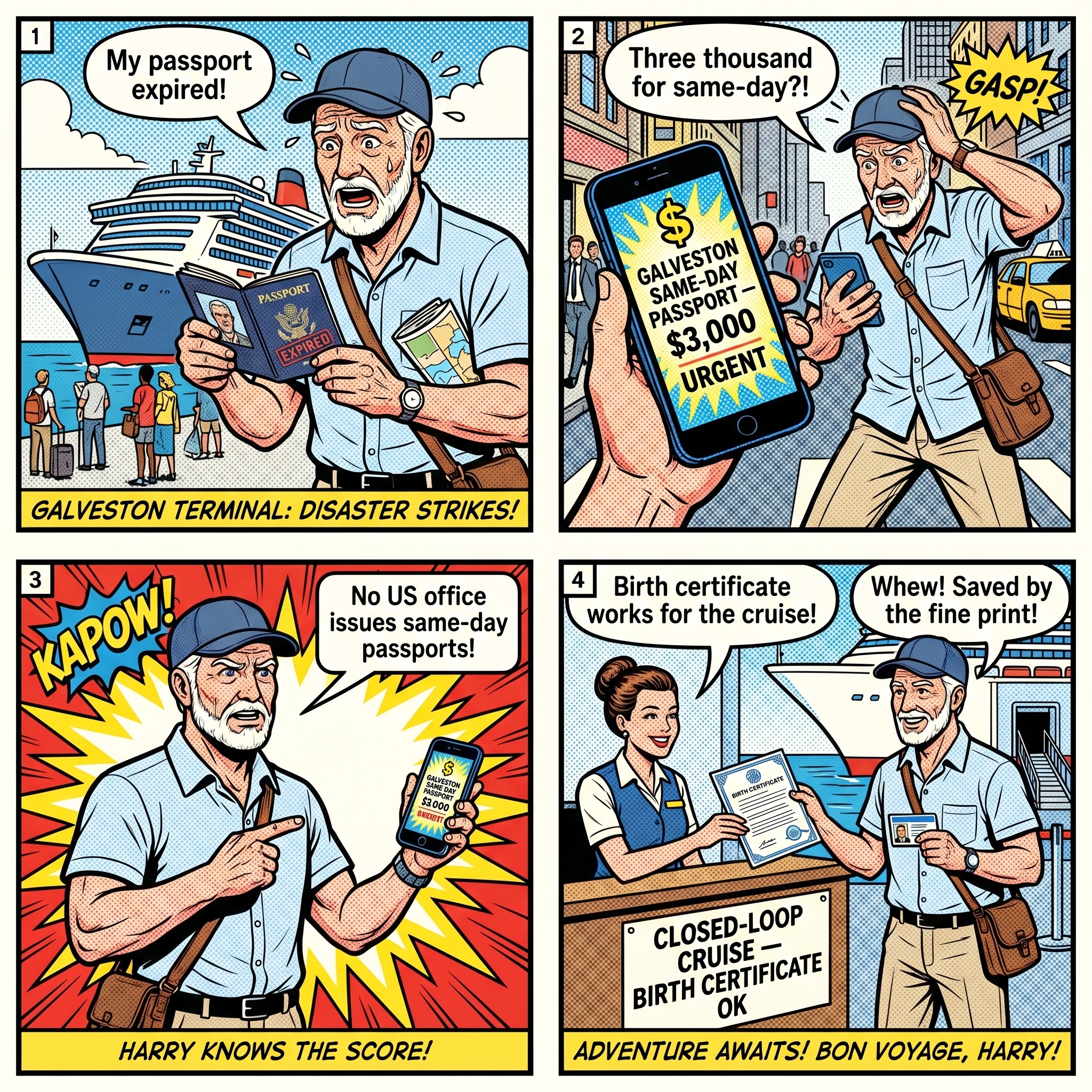Galveston Cruise Port Passport & Last-Minute Cruise Documentation Scam — comic illustration